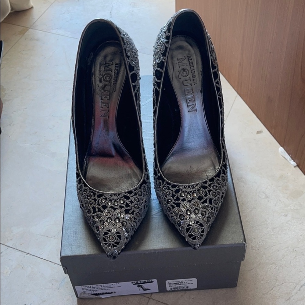 Alexander McQueen silver sequin heels
